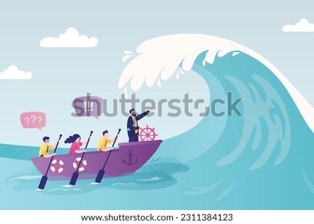 Overcoming difficulties. Courage and leadership to win business success. Teamwork to help survive crisis, challenge or risk taker concept. Boss captain lead boat to survive big wave storm. vector