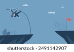 Overcoming difficulties, Overcome great obstacles, Challenges to achieve business goals, Step up to growth, Businessman pole vault over cliff gaps to success. Vector design illustration.