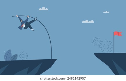 Overcoming difficulties, Overcome great obstacles, Challenges to achieve business goals, Step up to growth, Businessman pole vault over cliff gaps to success. Vector design illustration.