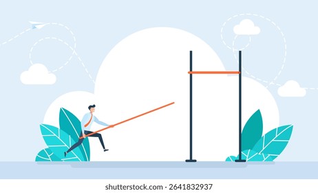 Overcoming difficulties. Overcome great obstacles. Challenges to achieve business goals. Overcoming the crisis. Pole vault. Step up to growth. Man pole vault to success. Vector illustration.