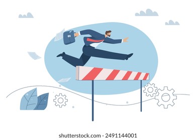 Overcoming difficulties, Overcome obstacles in business, Challenges to achieve business goals, Stepping up to growth, Businessman hurdling over obstacles, Vector design illustration.