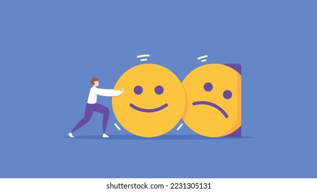 superar el estrés y la ansiedad excesivos. abordar las preocupaciones, la depresión y las enfermedades mentales. problemas emocionales. un hombre empuja y cambia la expresión triste emoticono con expresión feliz. ilustración