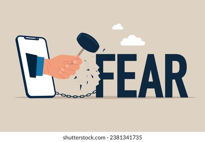 Overcoming fear concept. Hand with sledgehammer stepping out of the mobile phone screen and break FEAR word. Crisis management. Vector illustration. - Powered by Shutterstock - Get 15% off with code: PIKWIZARD15