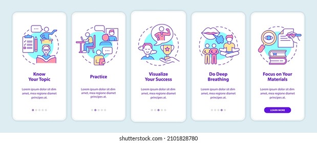 Overcoming fear of public speaking onboarding mobile app screen. Anxiety walkthrough 5 steps graphic instructions pages with linear concepts. UI, UX, GUI template. Myriad Pro-Bold, Regular fonts used