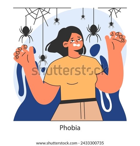 Overcoming fears. Representation of a person's brave confrontation with arachnophobia. The psychological challenge of facing fears. Flat vector illustration.