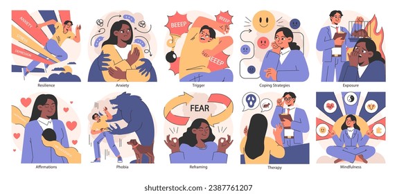 Overcoming fears set. Characters confronting fears with desensitization, reframing and exposure strategy. Psychological resilience with affirmations and visualization therapy. Flat vector illustration