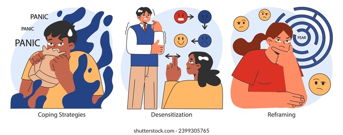 Superar los temores establecidos. Caracteres que confrontan temores con desensibilización, reformulación y estrategia de exposición. Resistencia psicológica con afirmaciones y terapia de visualización. Ilustración vectorial plana