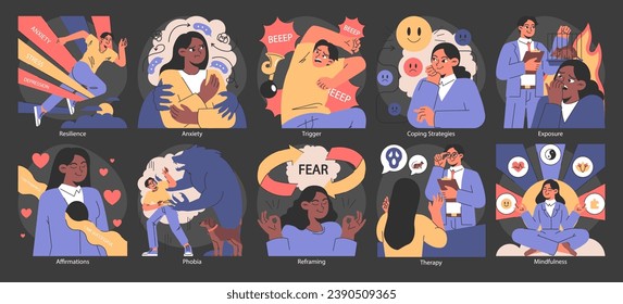 Superar los temores establecidos. Diversos estados emocionales y métodos de ayuda. Resiliencia, ansiedad, exposición y atención. Ilustración vectorial plana.