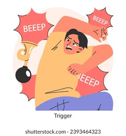 Overcoming fears strategy. Illustrating the sudden impact of a stress trigger. Emotional response to alarm and anxiety. Coping with acute stress. Flat vector illustration.