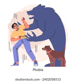 Overcoming fears strategy. Illustration of confronting animal phobia and the visceral fear response. Power of overcoming irrational fears. Flat vector illustration.