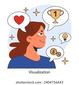 Overcoming fears strategy. Illustration of visualization technique, with icons representing love, success, ideas, and wealth. Positive mindset in goal achievement. Flat vector illustration.