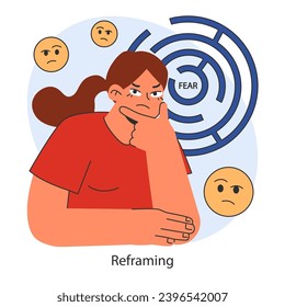 Overcoming fears strategy. Individual assessing emotional responses with reframing technique. Cognitive approach to fear management. Flat vector illustration.
