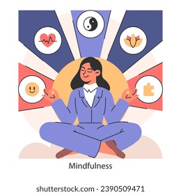 Overcoming fears strategy. Serene meditation practice for emotional balance. Holistic mindfulness approach for well-being. Harmonious mind-body connection. Flat vector illustration.