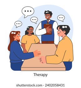 Overcoming fears strategy. A therapy session capturing a group discussion focused on problem-solving and mental wellness. Supportive counseling environment. Flat vector illustration.