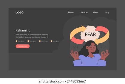 Overcoming fears web or landing dark or night mode. Characters confronting fears with desensitization, reframing and exposure strategy. Affirmations and visualization. Flat vector illustration