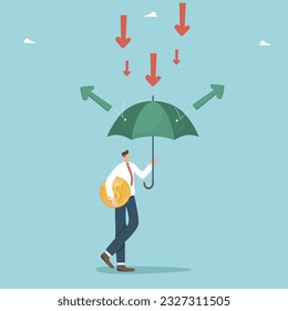 Overcoming financial difficulties and failures, ways and methods to maintain business profitability during economic downturn or crisis, man with coin stands under umbrella on which arrows are pouring.