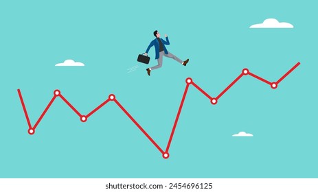 Superar los problemas financieros en los negocios o la inversión con el hombre de negocios saltando sobre la caída del gráfico financiero, idea creativa o solución para resolver el problema, ilustración del concepto de desafío empresarial