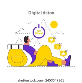 Overcoming FOMO concept. Person enjoying a break from technology under 'No Signal' sign, showing the benefits of digital detox. Time offline, mental health improvement. Vector illustration. svg