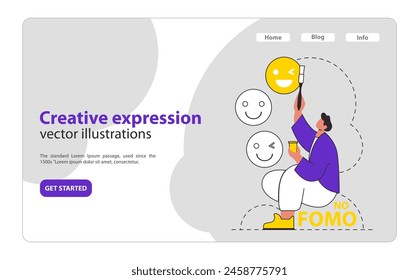 Overcoming FOMO concept. A person selects a happy face emoji amidst various emotions, with a NO FOMO badge. Conquering fear of missing out. Vector illustration.