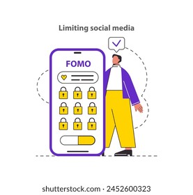 Superando el concepto FOMO. Una persona se para confiadamente al lado de un teléfono inteligente gigante que muestra iconos bloqueados, lo que indica el uso controlado de los medios sociales. Equilibrio en salud mental y bienestar digital. Vector