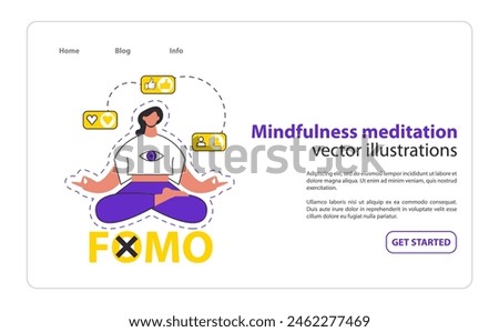 Overcoming FOMO concept. A serene figure meditates away the social media anxiety. Peaceful digital detox and inner balance strategy. Vector illustration.