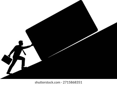 Überwindung harte Herausforderung Silhouette Vektorgrafik mit Person schieben schweren Block bergauf.
