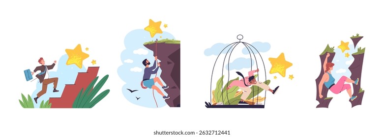 Overcoming hurdle challenge. People overcome obstacle, success businessman challenge climb jump to goals business achieve competitive leader ahead problem set vector illustration