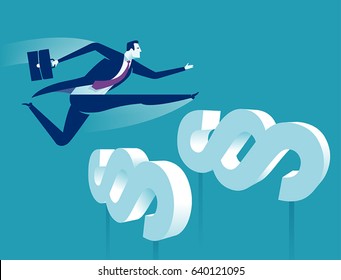 Overcoming the law obstacles. Manager jumping over paragraphs. Business vector concept illustration