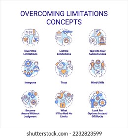 Overcoming limitations concept icons set. Mindset coaching. Remove barriers idea thin line color illustrations. Isolated symbols. Editable stroke. Roboto-Medium, Myriad Pro-Bold fonts used