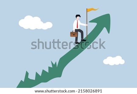 Overcoming many business obstacles until reaching success, entrepreneurship concept. Experienced businessman holding victory flag on smooth rising graph after passing through jagged interval. 