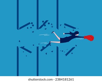 Overcoming many types of obstacles. Businesswoman hero flies through multiple levels of obstacles