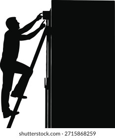 Overcoming obstacle climb silhouette vector illustration featuring person scaling wall ladder.