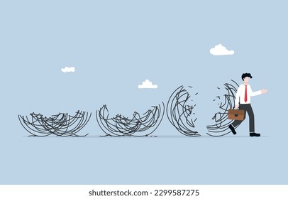 Overcoming obstacle without pressure, solving problem with experience, professional to face challenge concept, Businessman walking through messy lines comfortably.