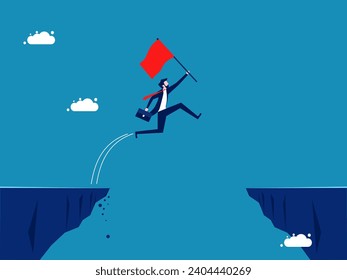Overcoming obstacles to achieve business success. Businessman holding a flag jumps over a cliff