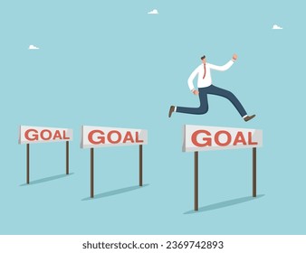 Overcoming obstacles to achieve goals, completing assigned tasks and achieving great success, strategy or plan to defeat competitor, high results in work, man jumps over obstacles and achieves target.