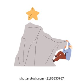 Overcoming Obstacles, Achieving Challenging Goal Concept. Person Climbing Up To Mountain Peak, Success. Aspiration To Aim Target Through Hurdles. Flat Vector Illustration Isolated On White Background