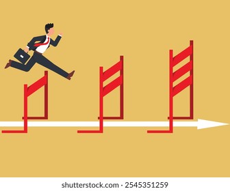 Overcoming obstacles and achieving the goal. ambitious businessman jump over hurdles to find higher obstacles.