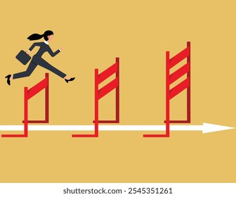 Overcoming obstacles and achieving the goal. ambitious businesswoman jump over hurdles to find higher obstacles.