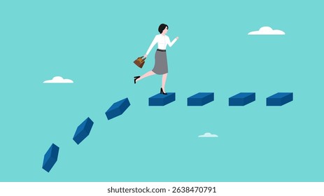 Overcoming obstacles to achieving success, woman crosses a bridge that will collapse to achieve business goals or career success, overcoming problems in business, strategy to get out of trouble