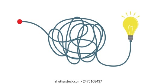 Overcoming obstacles. Brainstorming, thinking about problem solving and business solution searching challenge concept. Idea bulb, complex way. Hand drawn doodle chaos path line. vector illustration