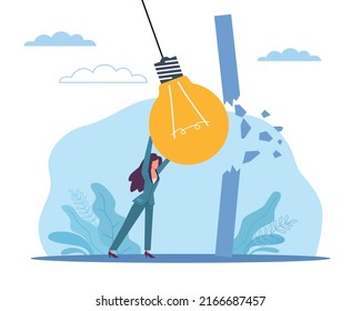 Overcoming obstacles, breakthrough barrier, problems solution, achievement goal. Creative idea and startup, businesswoman break wall, innovation strategy. Vector cartoon flat concept