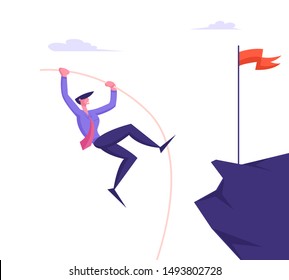 Overcoming Obstacles and Business Competition Concept with Businessman Pole Vaulting on Top of High Rock with Red Flag to Achieve Goal. Career Boost and Task Solution. Cartoon Flat Vector Illustration