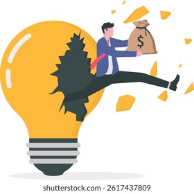 Overcoming obstacles. businessman holding a bag of money and jumping out of a broken light bulb

