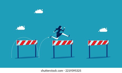 Overcoming obstacles. Businesswoman jumping over obstacles in the way. vector illustration