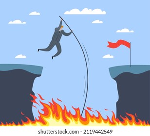 Overcoming obstacles. Calculation of their forces. Achieving the goal. Businessman jumping over abyss with fire. Hard way to success. Employee ambition opportunities. Vector concept