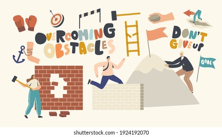 Overcoming Obstacles Concept. Characters Seeking Success, Developing Skills, Climbing on Rock Peak, Jump Over Barriers, Hitting Wall. Leadership, Goals Achievement. Cartoon People Vector Illustration