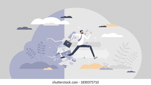 Overcoming obstacles as difficulty or problem in business tiny person concept. Avoiding barriers in challenge and move to target despite boundaries vector illustration. Effort and strength persistence