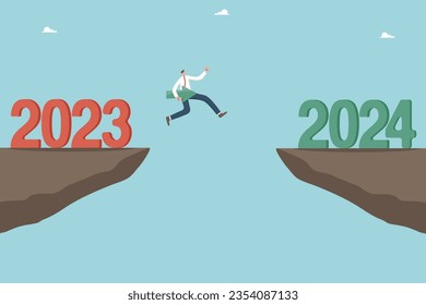 Overcoming obstacles and failures in the outgoing 2023, solving unfinished tasks in the outgoing year, motivation for success and growth in new year 2024, man with arrow jumping over cliff by 2024.