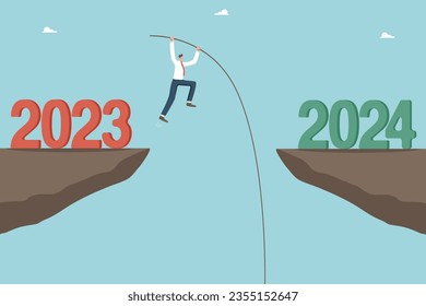 Overcoming obstacles and failures in the outgoing 2023, solving unfinished tasks in the outgoing year, motivation for success and growth in new year 2024, man with pole is jumping over cliff by 2024.