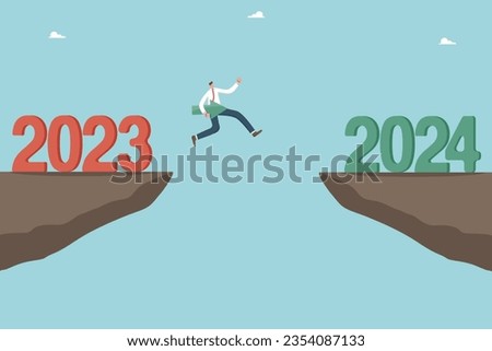 Overcoming obstacles and failures in the outgoing 2023, solving unfinished tasks in the outgoing year, motivation for success and growth in new year 2024, man with arrow jumping over cliff by 2024.